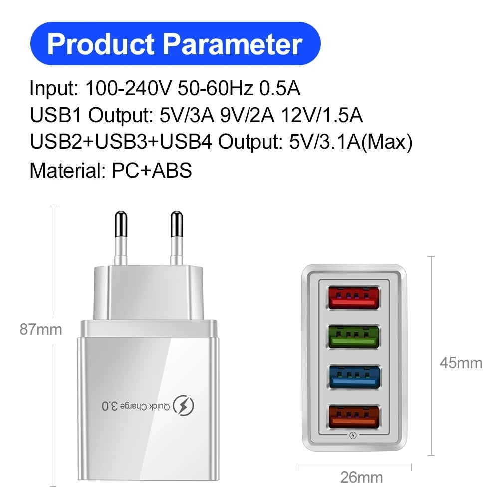 USB Charger Multi Port 4 USB Quick Charge 3.0 For Phone