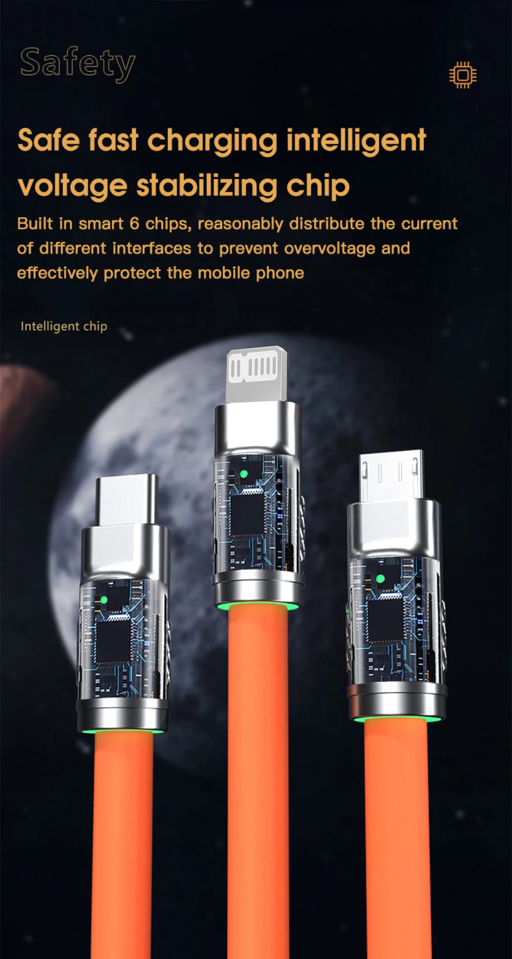 120W 6A 3 In 1 Fast Charging Cable