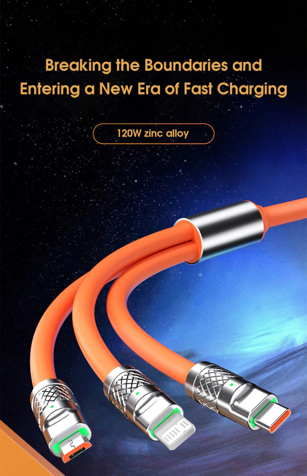 120W 6A 3 In 1 Fast Charging Cable