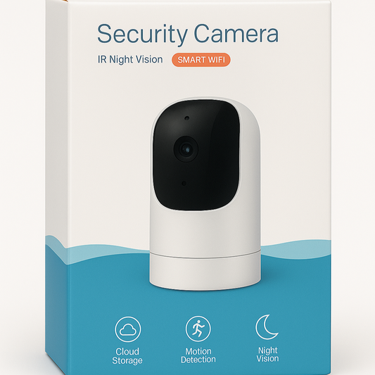 Security camera packaging with features listed on a white background