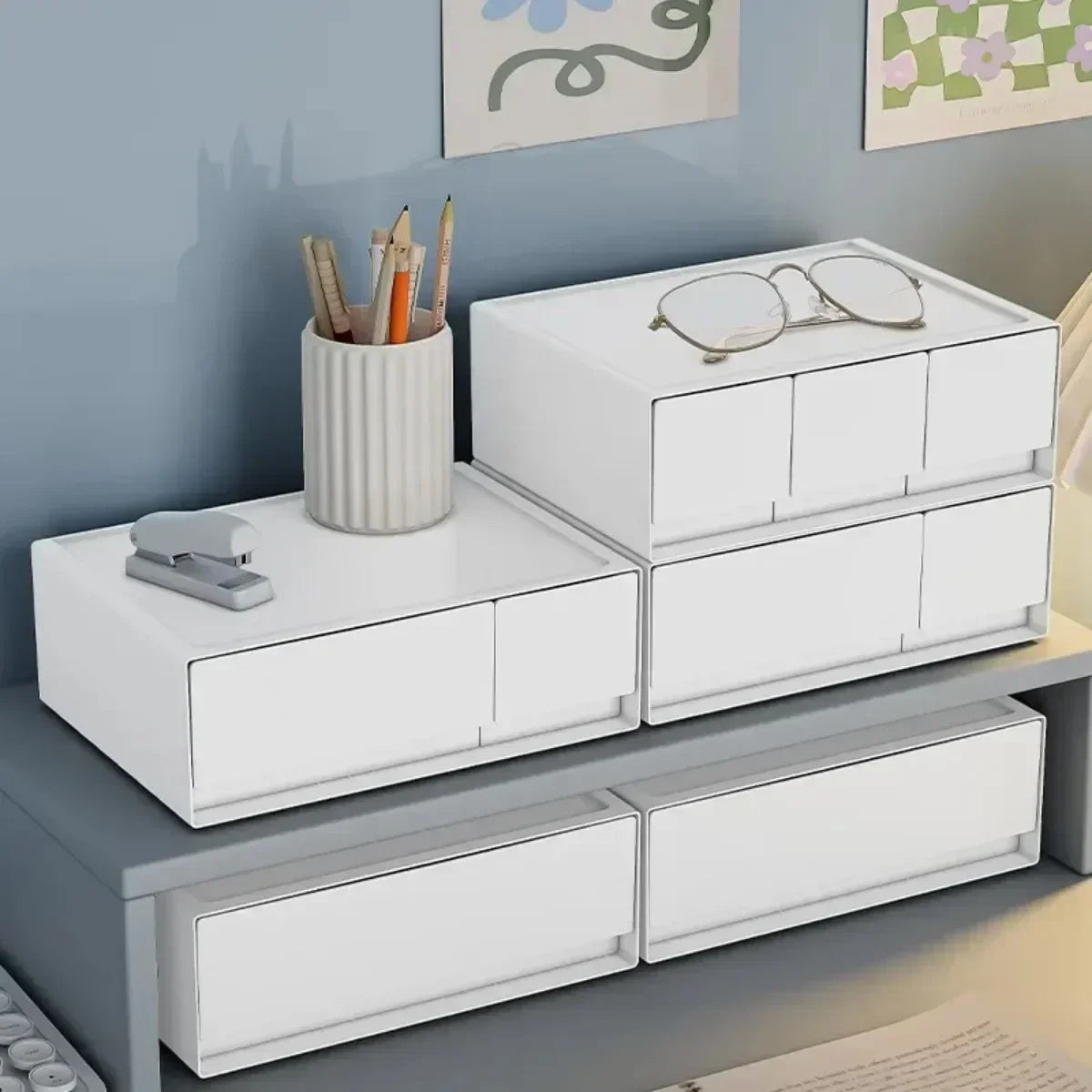 Stackable White Storage Drawer Desktop Storages
